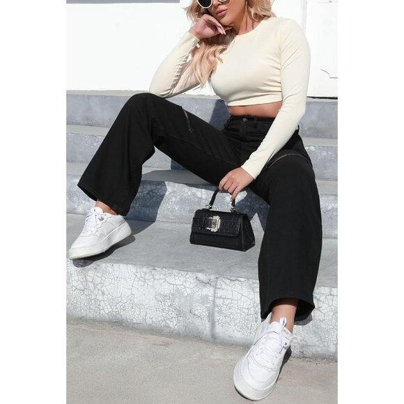 Women’s High Waist Ripped Wide Leg Denim Jeans Boyfriend Style Casual - Picture 5 of 6